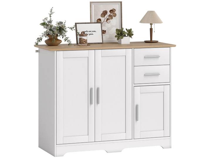 ComfortXL Sideboard De-11250 2 Schubladen, 3 Türen Weiß/Naturholz, 100x78x40 cm, Kleinmöbel, Kommoden, Sideboards