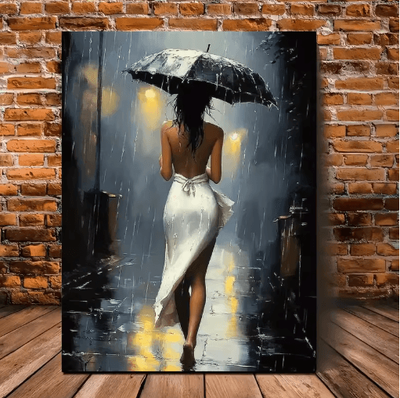 Inspire Picks Elegant Romantic Rainy Night Canvas Wall Art Framed Umbrella Street Scene Decor tnb 250305000187 50x70cm