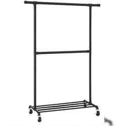 Kleiderständer Industriedesign, bis 110 kg belastbar, Garderobenständer auf Rollen, 2 Kleiderstangen, 1 Ablage, Wasserrohr-Optik, schwarz