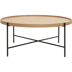 Runder Couchtisch aus hellem Holz und schwarzem Metall D90 cm BASSY