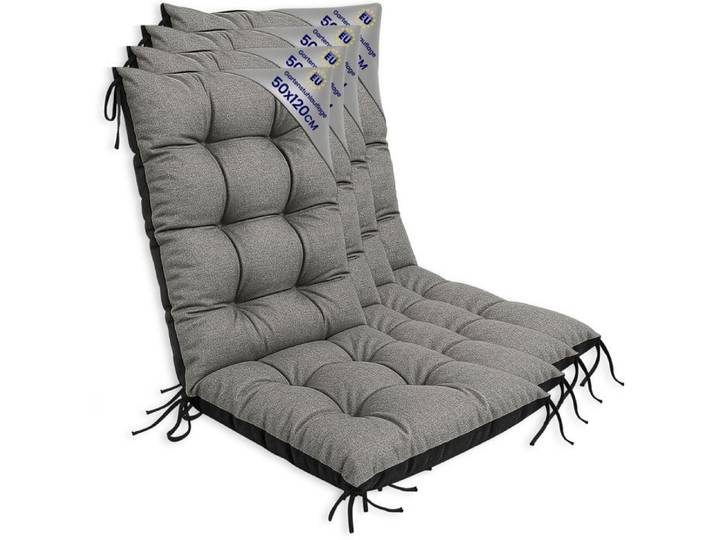 Coussin Chaise Jardin Dossier Haut Set: 4x 50x120 cm - Matelas Siege Extérieur Mobilier Confort Imperméable Gris lin écologique