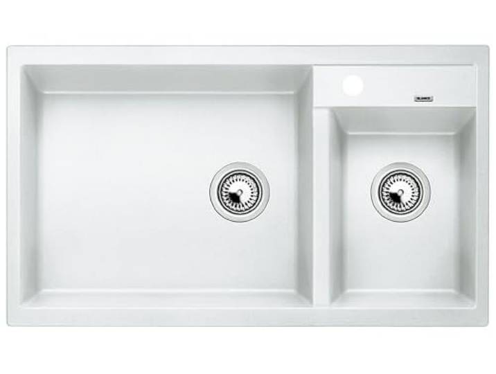 BLANCO METRA 9 Granitspüle aus SILGRANIT weiß [86x50x20,2 cm] für 90 cm breite Unterschränke benutzerfreundliches Doppelbecken Hauptbecken links