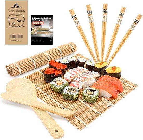 Unyqoos Bamboe Sushi-set met 2 sushi-matten, rijstschudbeker, rijstlepel en 5 paar eetstokjes