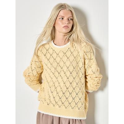 Strickpullover APRICOT "Pullover aus Pointelle-Strick", Damen, Gr. XS (34), gelb, Strick, Obermaterial: 61% Baumwolle CO. 39% Polyacryl PAN., uni, Pullover Strickpullover, mit Blanket-Stich