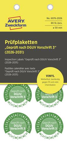 Avery-Zweckform 6976-2026 Prüfplakette Geprüft nach DGUV Vorschrift 3 Grün Folie selbstklebend (Ø) 30mm 30mm DGUV 80St.