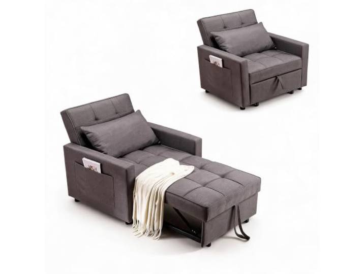 Acekool Schlafsessel 3-in-1 mit Bettfunktion, verstellbare Rückenlehne Klappbarer Einzelsessel mit Kissen & Seitentasche – 86 x 192 cm, als Fernsehsessel, Relaxsessel oder Einzelbett, Dunkelgrau.