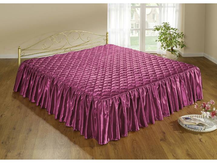 Edel glänzende Tagesdecke und Kissenbezüge mit Steppung in Muscheloptik, Weinrot, Größe 916 (für franz. Bett, 3 Volants, 280x250 cm)