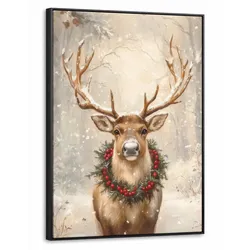 LEINWAND Bilder mit Rahmen - Weihnachten - Rentier - Winter - Kranz - 70x100