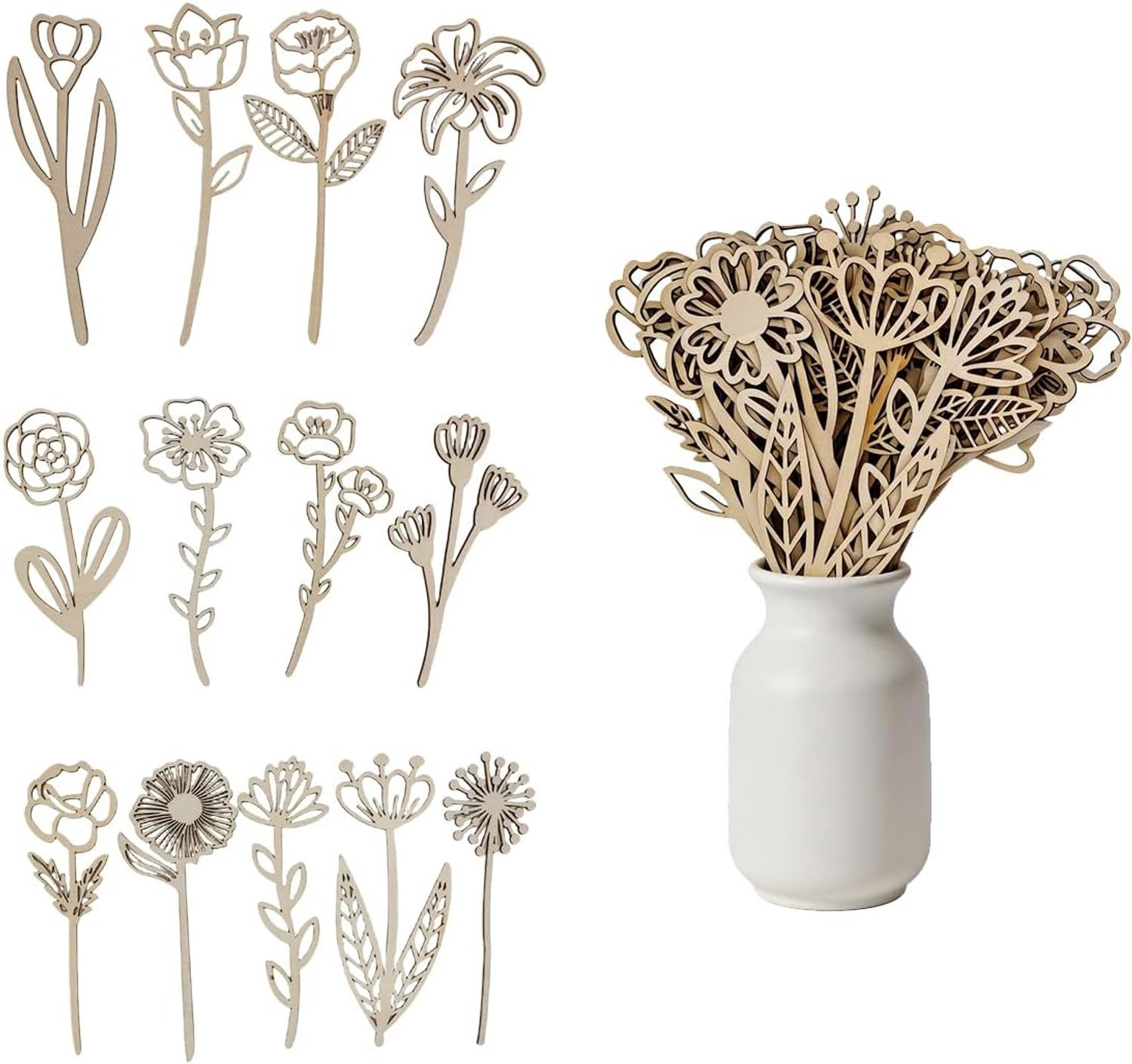 Vemera Houten wilde bloemen decoratieset van 36 stuks, Hoogte: 16 cm