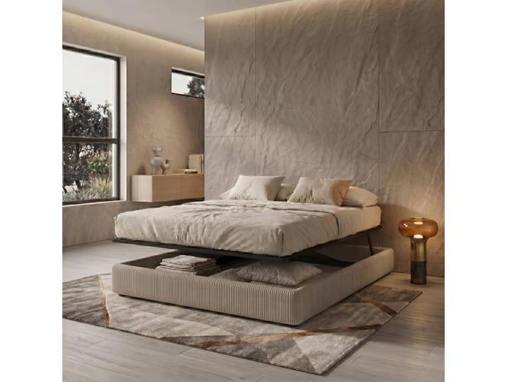 Lit coffre parallèle tissu bouclette olive 160x200cm