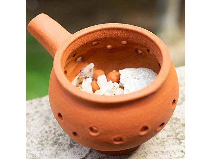 Maya Copal Räuchergefäß Sahumerio Tasse, 11,4 cm, oval Brennkohle mit Steinen oder Kräutern, inklusive Copalera, reinem Copal, 40 g, weißer Salbei