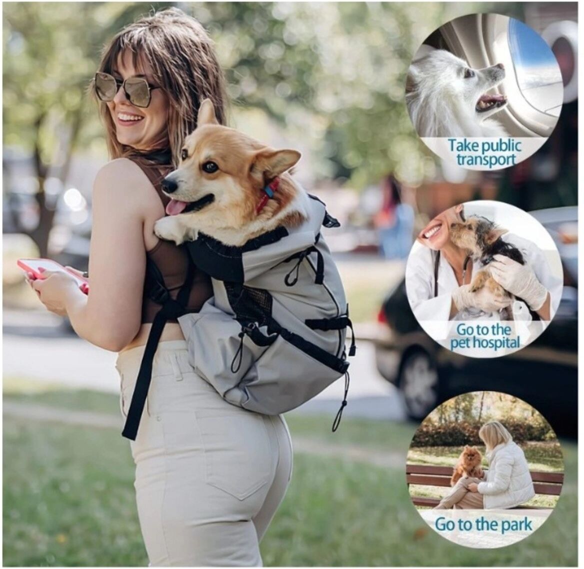 INF Sac à dos transport pour animaux - Toile Oxford respirante, ouverture pour la tête, lavable, sac à dos à double bretelle Gris