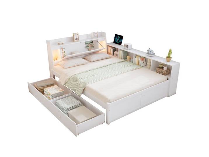 Lit double 140x200cm blanc combinant panneau rangements latéraux tête avec étagère 2 lampes et prise