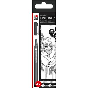 Marabu Fineliner Graphix, 0,2 bis 0,8 mm + Brush Pen, schwarz, 3 + 1 Stück
