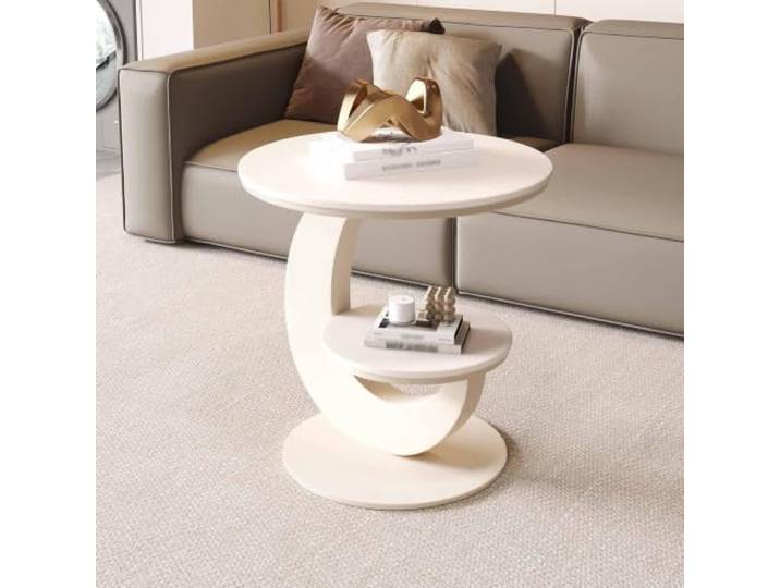 KAFHGEIN Runder Beistelltisch mit Sintersteinplatte und Metallbasis Moderner Beistelltisch Couch mit mehrstufigem Stauraum für Sofa, Bett und Schlafzimmer