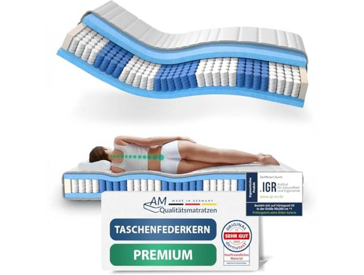 AM Qualitätsmatratzen Premium Taschenfederkernmatratze 150x200cm H3 24cm - Made in Germany & Oeko TEX Siegel - 7 Zonen Federkernmatratze 150x200 mit Lyocell Bezug - Ergonomische Matratze 150x200 H3