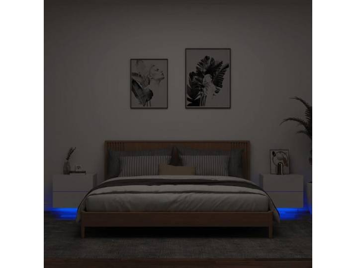 Tables de Chevet Murales avec Lumières LED 2 pcs Armoires de Nuit Tables de Nuit Chambre Moderne Blanc Bois 836813