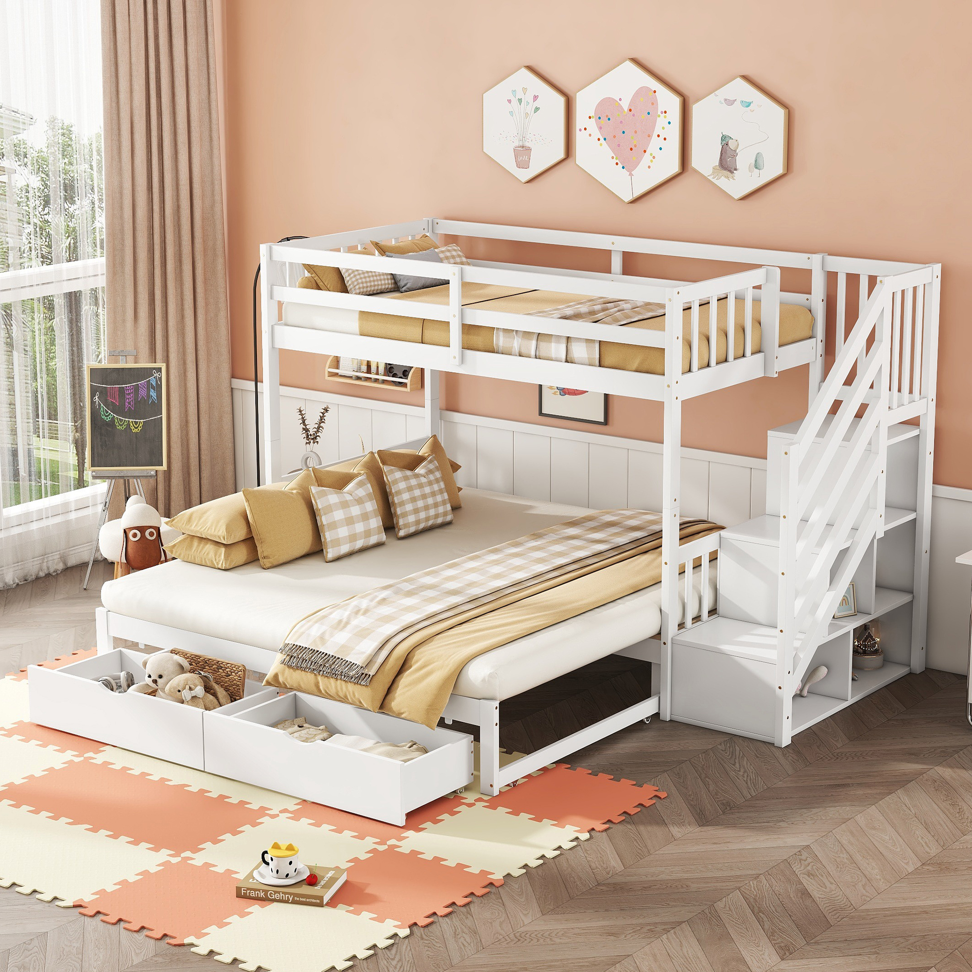 Etagenbett mit 2 Liegeflächen und Lattenrost, 90x200cm/180x200cm, Kinderbett mit Rausfallschutz, Schubladen