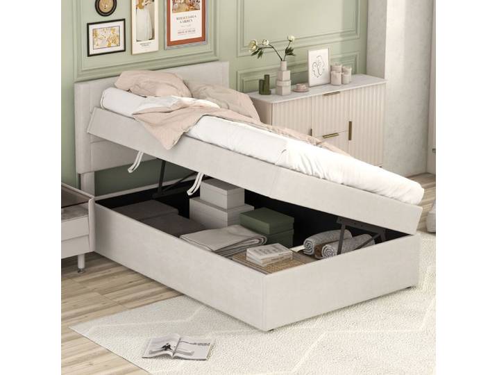 Lit rembourré 90 x 200 cm rangement beige