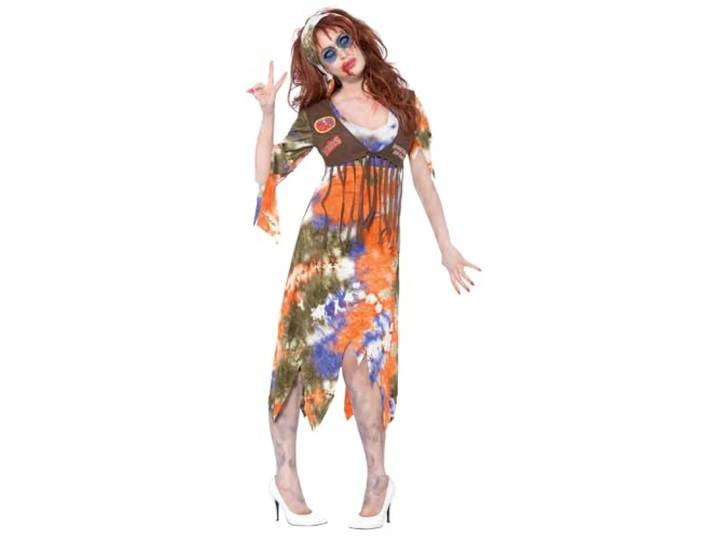 Smiffys, dames zombie-hippie kostuum, jurk met aangebracht vest en hoofddoek, maat: L, 61105