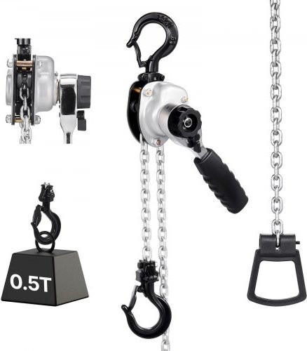 VEVOR Mini Hefboomtakel met 1/2T Capaciteit en 3 m Hefvermogen, Handkettingtakel met G80 Stalen Legering Ketting en 360° Draaibare Haken