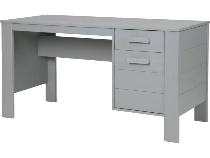 Schreibtisch WOOOD Julius FSC-Kiefernholz, gebürstet, mit zwei Schubladen 141x59x74 cm , grau (betongrau), B:141cm H:74cm T:59cm, Tische, Schreibtisch, Gebürstete Oberfläche, sichtbare Maserung, wasserbasiert lackiert