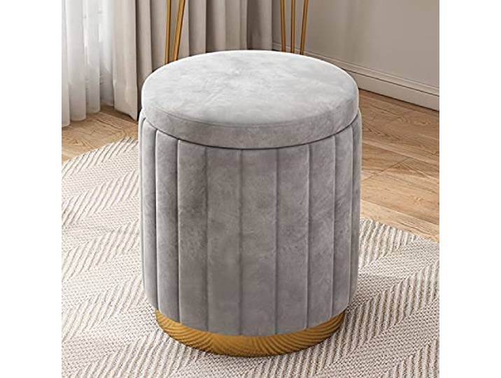 IXMLDAXD Der Stuhl, Large Velvet Storage Ottoman - Upholstered Foot Rest Stool with Gold Base for Vanity or Living Room(Grey)