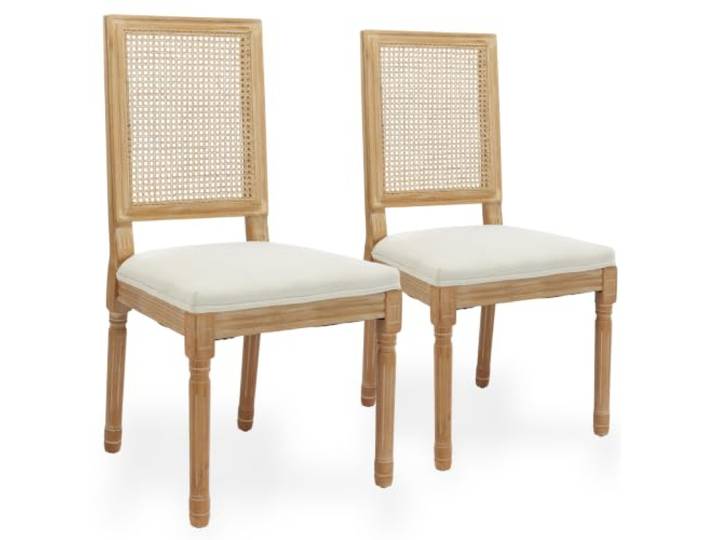 SEEDWAVE Französische Vintage-Esszimmerstühle mit Rattanlehne, 2er-Set Leinenpolster mit Schaumstoff und S-Federn für Essbereiche