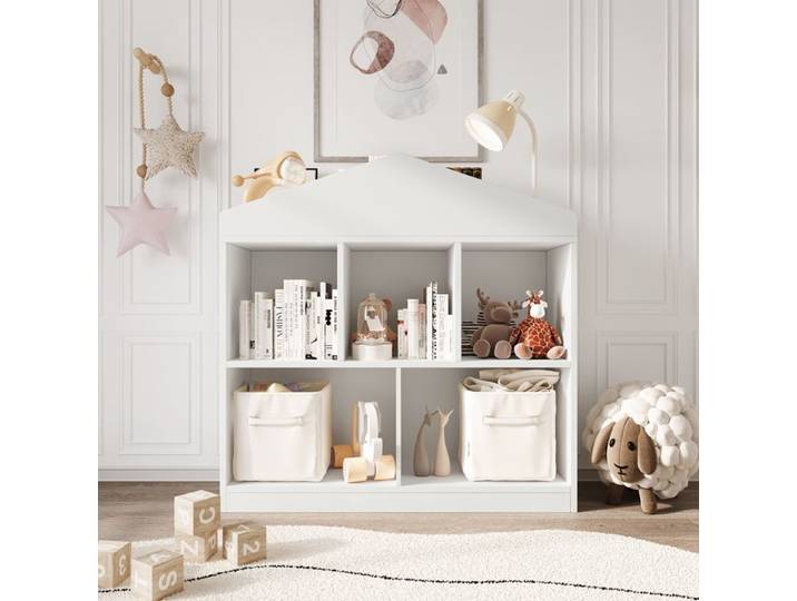 Bibliothèque design maison Étagère rangement avec toit Grands compartiments Anti-basculement Blanc