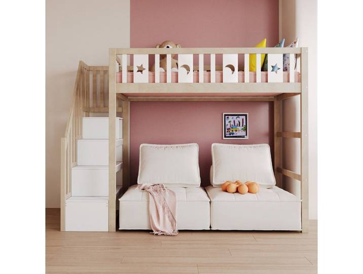 Lit Mezzanine 90x200 cm avec Échelle de Montée et Rangement - Bois Massif Décoration Étoiles et Lune Blanc/Naturel