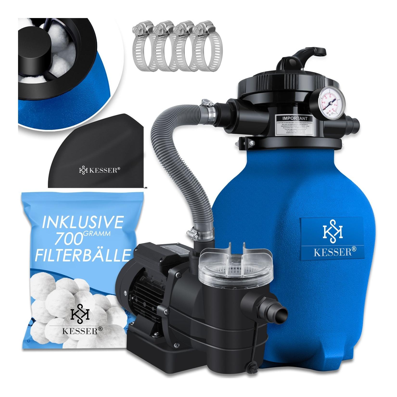 KESSER® Sandfilteranlage Sandfilter + 800g Filterbälle ersetzen 25kg Filtersand 7-Wege Ventil mit Druckanzeige Poolfilter 10 m³/h Filteranlage Filterkessel für Pool Schwimmbecken 10.200 L/h