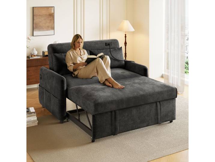 Canapé-lit double pliant moderne: Dossier réglable Canapé-lit multifonctions avec fonction couchage Branchement charge USB Gris