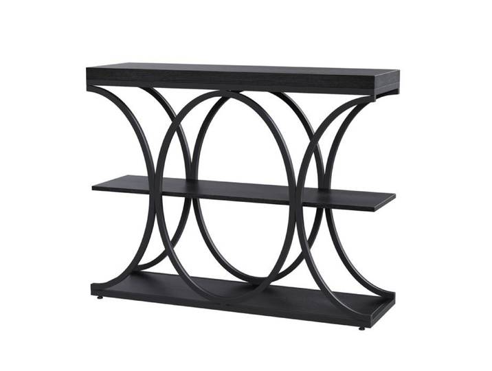 Console campagne 3 niveaux cadre métal géométrique bois rustique derrière canapé couloir appartement