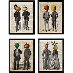 POSTER Set mit 4 Blättern Obst und Gemüse Modell 1 A4 Schwarzer Rahmen