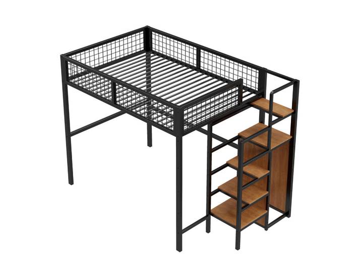 Modfu Hochbett aus Metall 140x200 cm in Schwarz mit Leiter & Kleiderschrank, 140x200 cm, Babymöbel & Kindermöbel, Kinderzimmer & Jugendzimmer, Kinderbetten, Hochbetten