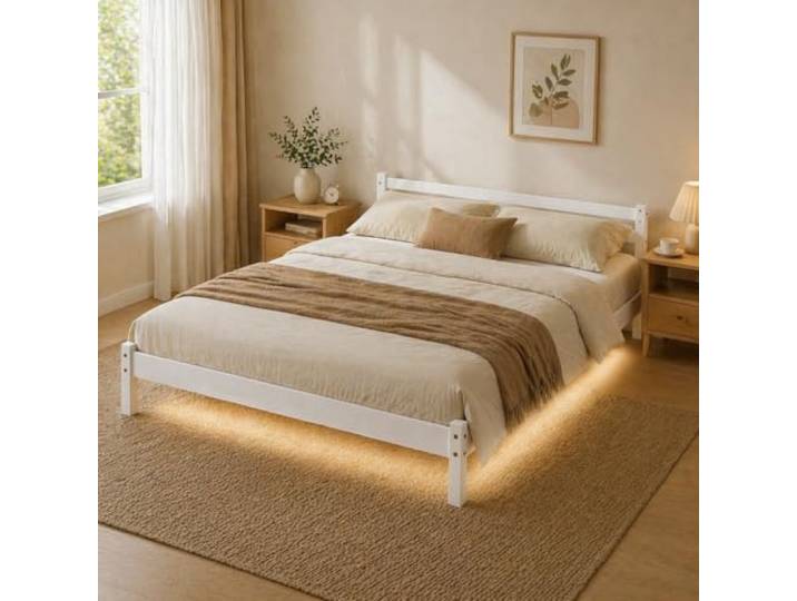 FurnitureR Massivholz Doppelbett 140x200 cm mit LED Beleuchtung, Kiefernholz Bettgestell, Niedriges Kopfteil, Stabile Lattenrost-Unterstützung, Bett mit Stauraum, Weiß