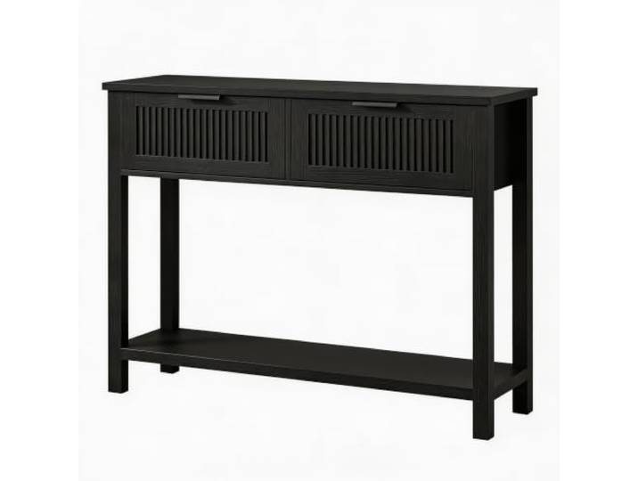 Hapterouse Konsolentisch 43 Zoll Fluted Holz 2 Schubladen Schwarz Schmale Bauform, Zweistufige Ablage, Metallgriffe, Vielseitig, Wohnzimmer