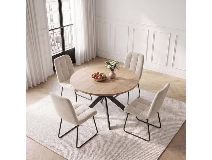 JIEXI Ensemble de table ronde en chêne de 110 cm comprenant 4 chaises beiges