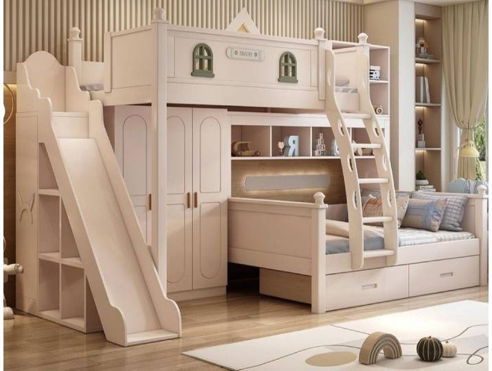 Xlmoebel Etagenbett Hochbett Holz in Weiß mit Schubladen und integriertem Zugang (Etagenbett, 1-St., Etagenbett mit Schubladen und Rutsche, Weiß), Made in Europa
