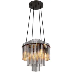 Hängeleuchte Pendellampe Kronleuchter Esszimmerleuchte Wohnzimmerlampe, Metall Glasstäbe schwarz rauchfarben, 5 Flammig E14, H 120 cm
