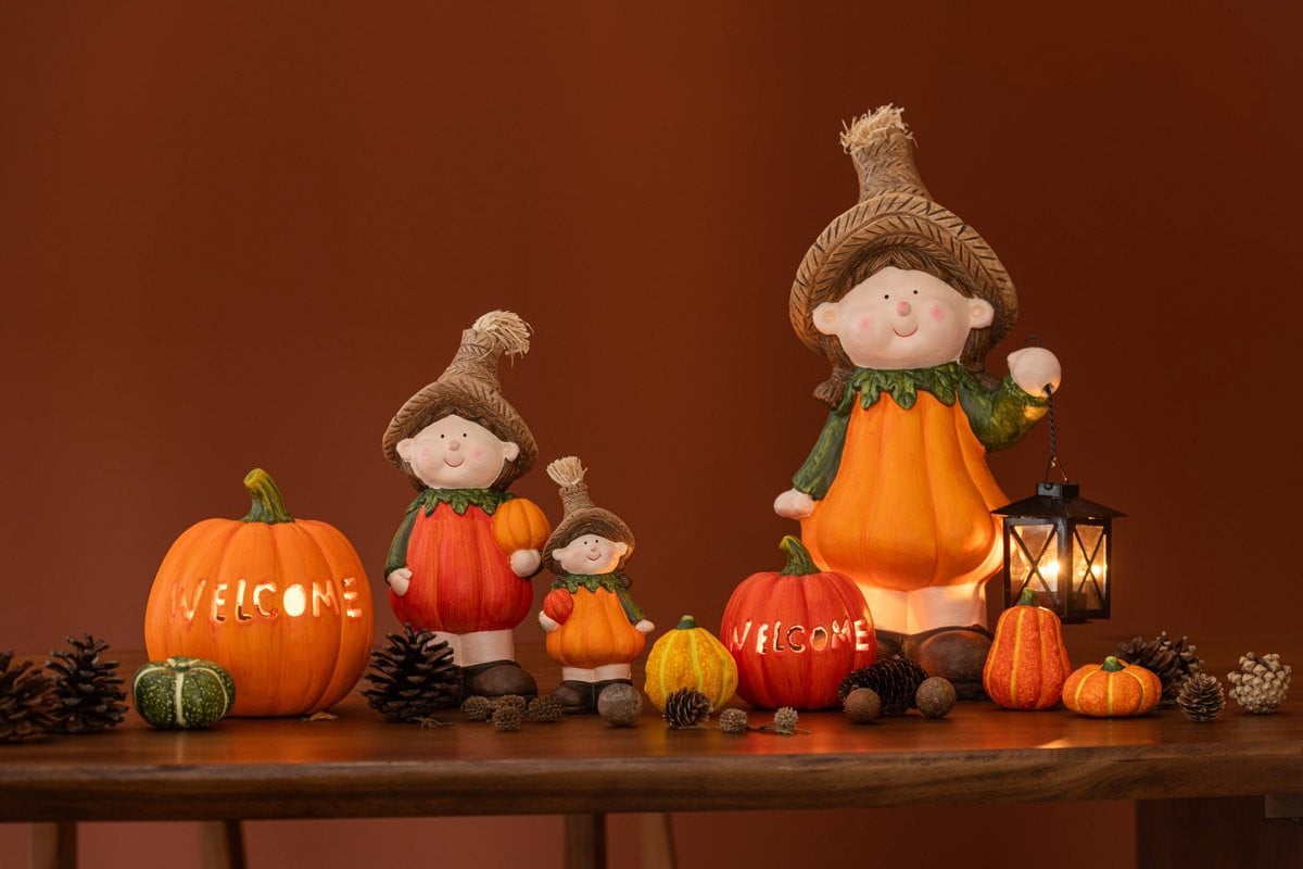 J-Line Keramieken Pompoen Figuur voor Halloween - Oranje - 2 stuks