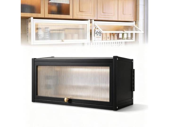 Küchen Gewürzregal und Wandschrank, Höhenverstellbarer Vorratsorganizer Kohlenstoffstahl Aufbewahrungsbox für Mieter mit Gasdruckfeder Hochklapptür, für Teller und Kaffee(Black,25*14in/65*35cm)