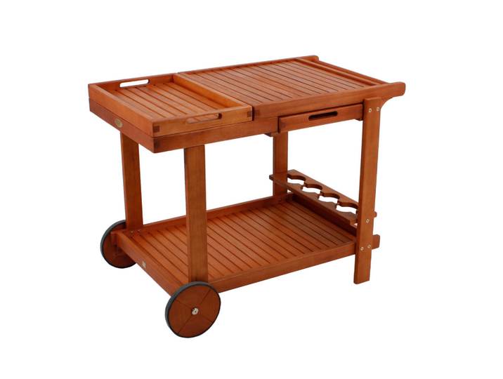 Gardenson Servierwagen, Eukalyptusholz, Holz, Eukalyptusholz, Hartholz, 1 Schublade(n) Schubladen, rechteckig, eckig, 60x76x100 cm, Stauraum, Flaschenfach, abnehmbares Tablett, einfacher Aufbau, Esszimmer, Barmöbel, Barwagen