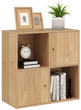 Costway 4-Cube Bookcase 3-Tier Bookshelf with Dual Anti-Tipping Kits and 2 Cabinets-Natural