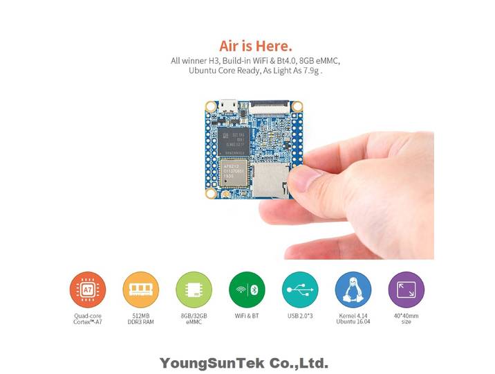 NanoPi Neo Air LTS 512M RAM/8G EMMC YoungSunTek Allwinner Quad CortexA7, 1,2 GHz, OpenWRT, Wifi & BT Ubuntu Linux Armbian DietPi Kali