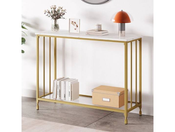 Console - PROMIRACAL - 105x30x81 cm - Plateau marbre - Cadre métal doré - 2 étagères verre trempé