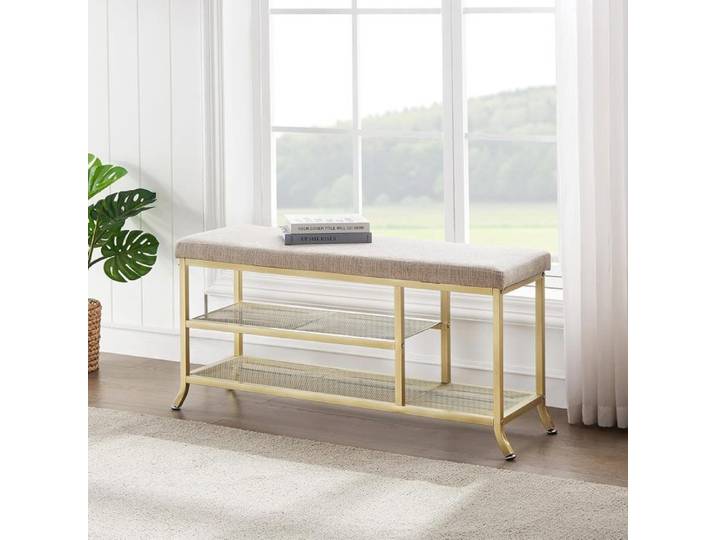 Meuble à Chaussures Banc D'entree Dore Porte-Chaussures à 3 Niveaux Rangement Avec Siège Rembourré Cadre Métallique 100x32x45CM