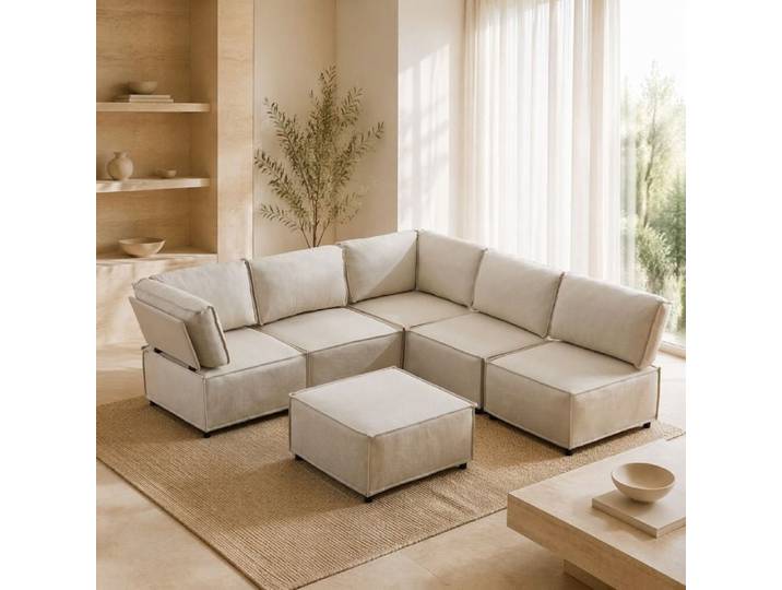 Canapé d'Angle Modulable 6 Places Réversible avec Pouf - YEAVIO - 6 Modules à Combiner Librement Lin Beige