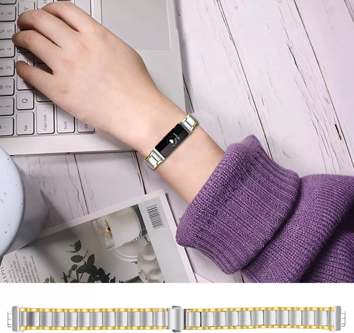 INF Edelstahl-Metall-Ersatzarmband kompatibel mit Fitbit Inspire/Inspire HR/Inspire 2 Silber+Gold