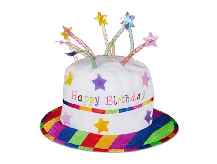 Relaxdays Chapeau d'anniversaire avec bougies\, chapeau de fête\, gâteau d'anniversaire\, chapeau en peluche\, blanc et coloré